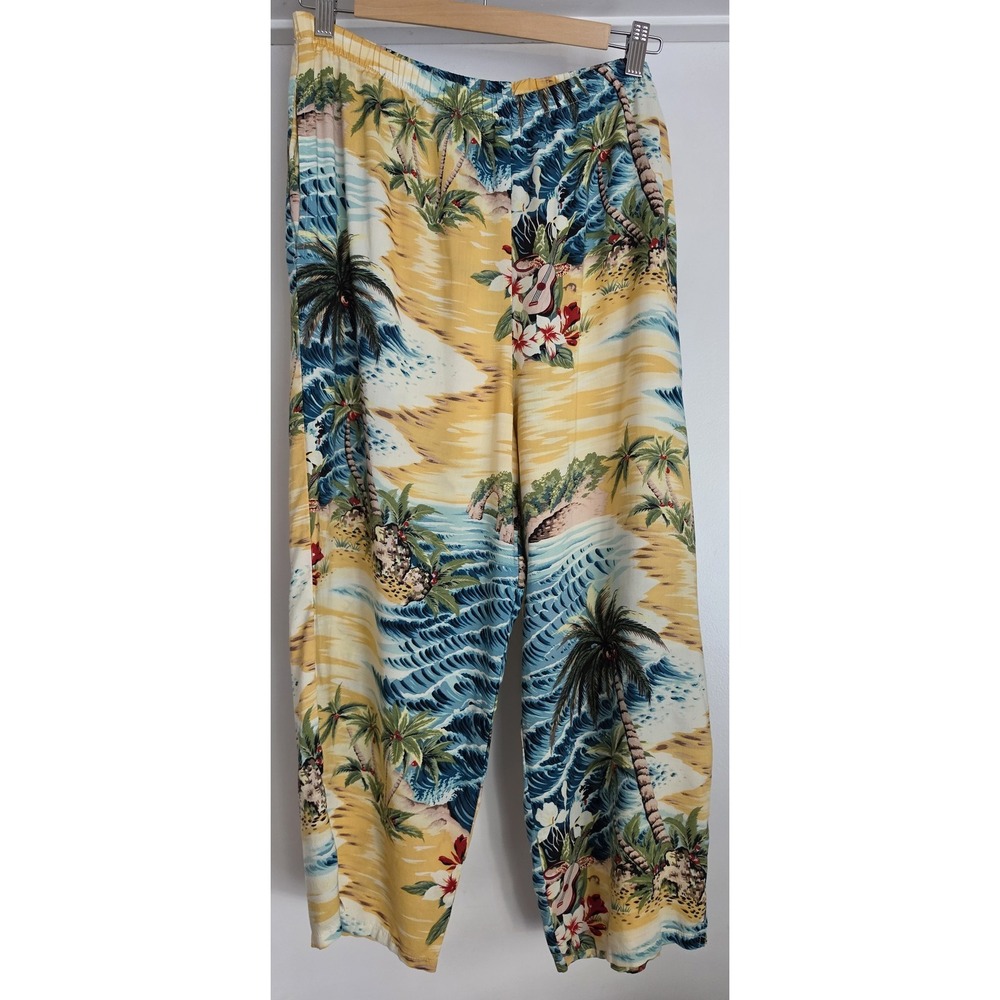 VTG Tapestry Women's Cropped Pants Floral Yellow Casual Resort Trousers